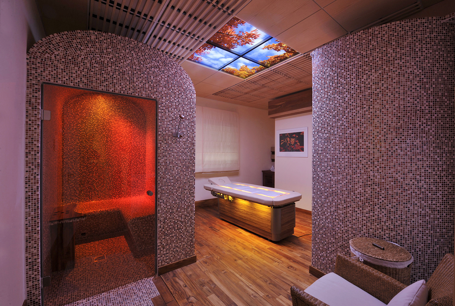 Luminous SkyCeilingopens up massage and sauna suite for deeper relaxation.