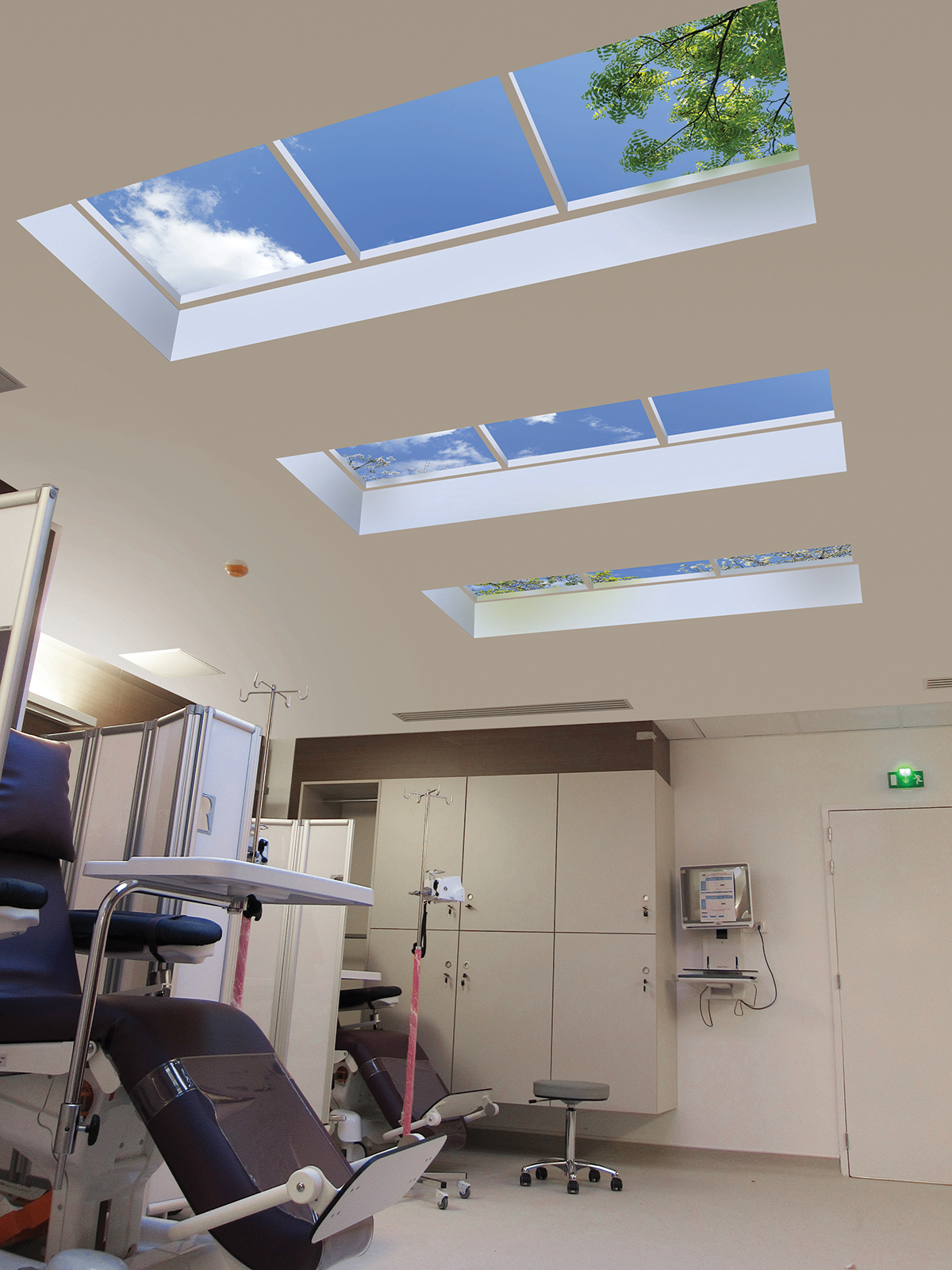 Illusory overhead views of a clear sky instill hope and builds emotional resilience.