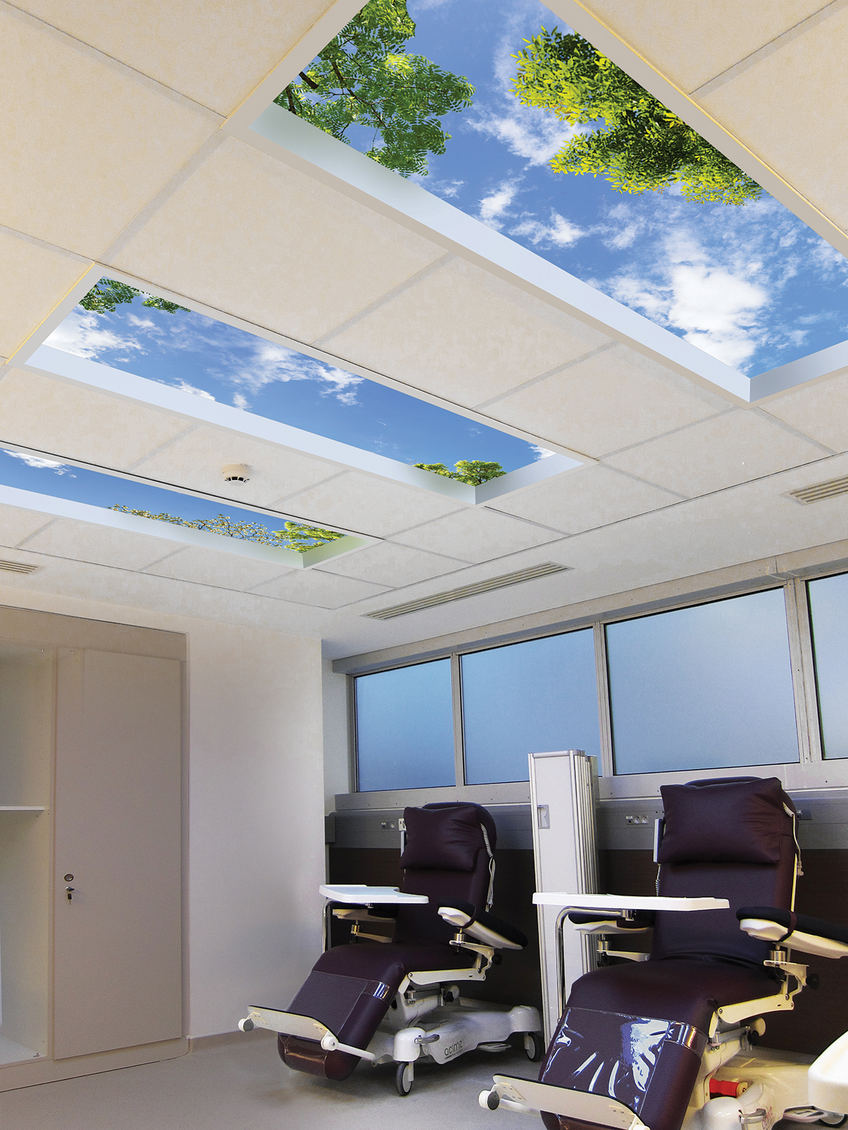 Three sets of 1.2m x 1.8 Revelation SkyCeilings (sky ceilings) to enhance patient wellbeing.