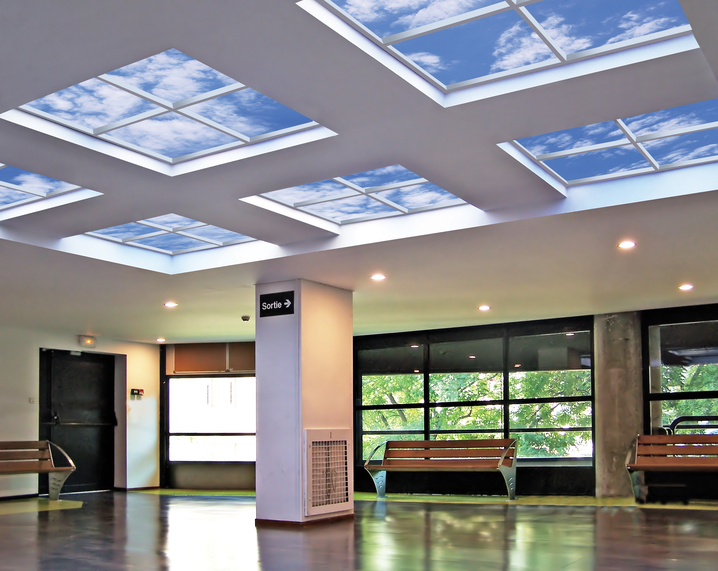 Biophilic wayfinding using an array of Luminous SkyCeilings in a hallway.